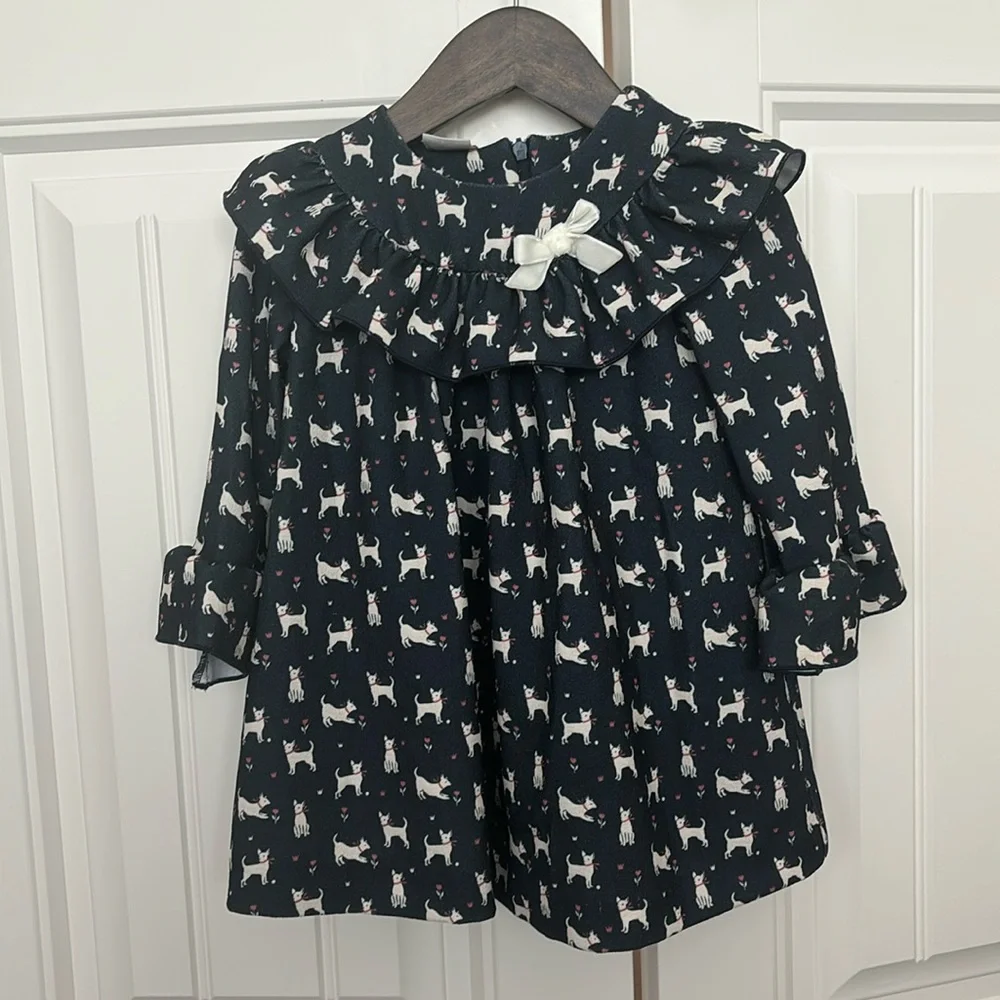 Paz Rodríguez Navy Blue Dog Print Long Sleeve Dress